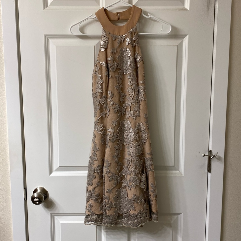 Open back mini sequence overlay dress